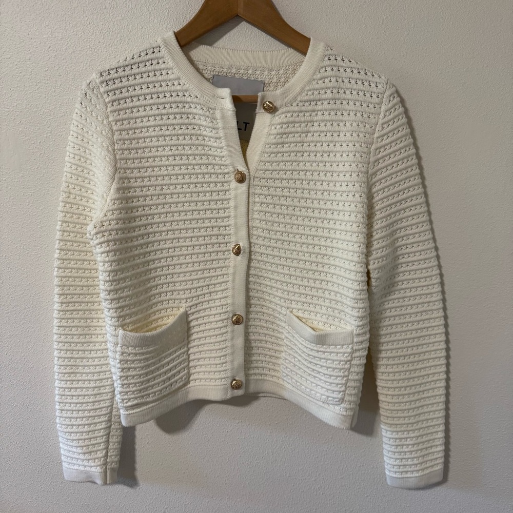Anthropologie NVLT Woven Gold Embossed Button Cardigan White Lady Jacket-XS